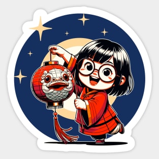 Kawaii Girl Celebrates Lunar New Year at Lantern Festival 2024 Sticker